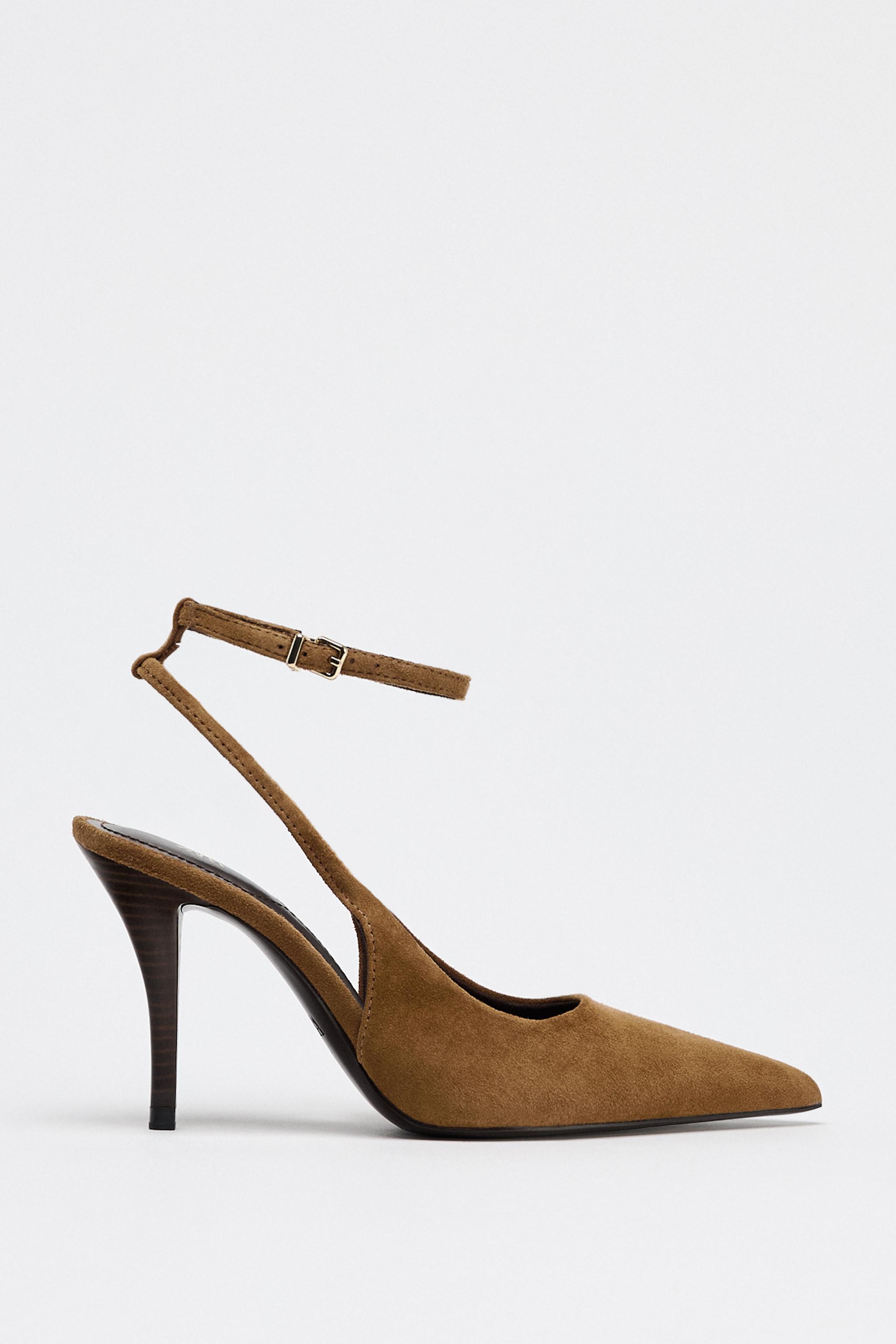新品【ZARA】レザーキトンヒールスリングバックシューズ 黒