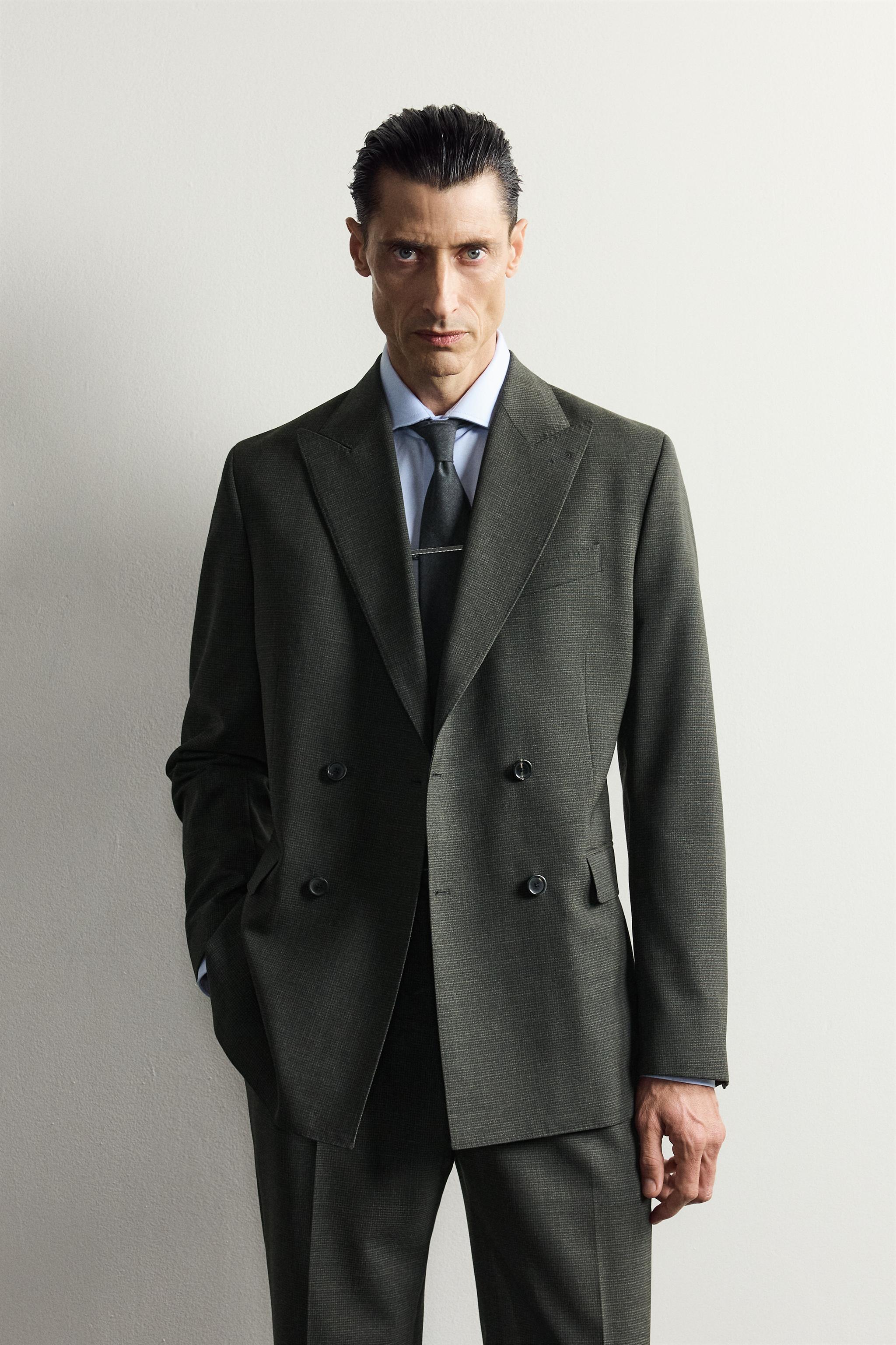 100% WOOL HOUNDSTOOTH DOUBLE-BREASTED SUIT BLAZER