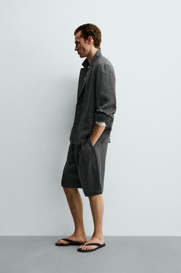 Zara 100% LINEN PLEATED SHORTS - Charcoal gray