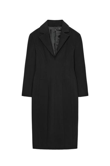 Front view of a black coat-style dress with a lapel collar, long sleeves, and a hidden back zipper closure.