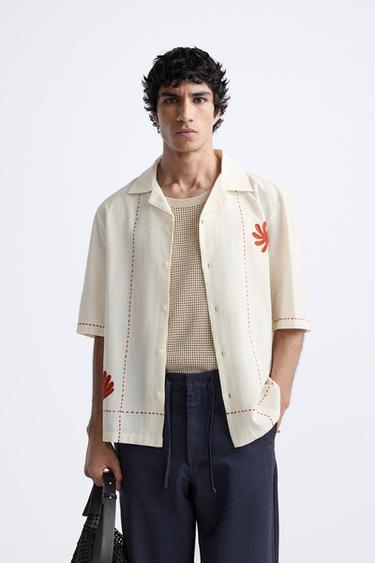 CAMISA ALGODÓN - LINO BORDADOS - Teja de Zara