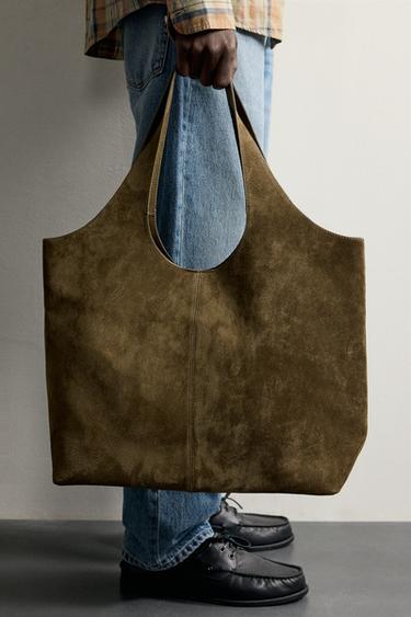 BOLSO SHOPPER PIEL - Verde Caqui de Zara - Imagen 0