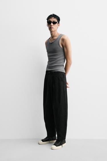 Zara WIDE FIT PLEATED DENIM CHINO PANTS - Black