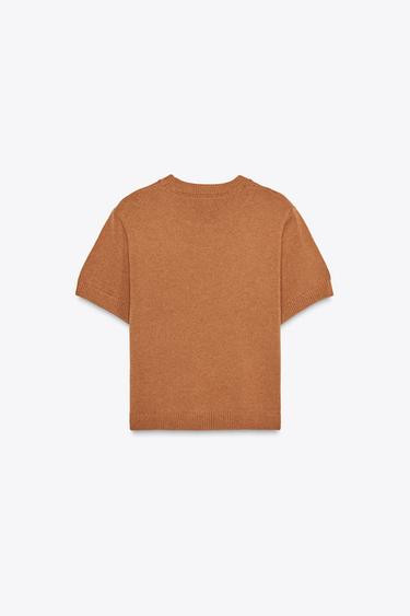 HAUT EN MAILLE UNIE À MANCHES COURTES - Caramel de Zara - Image 5