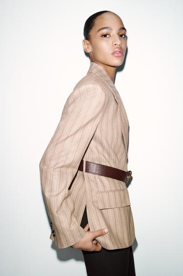 HERRINGBONE BLAZER WITH BELT - CAMEL/WHITE  by Zara - Image 3