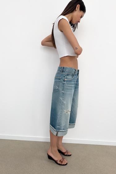 Zara MID-RISE TRF RIPPED DENIM JORTS - Blue