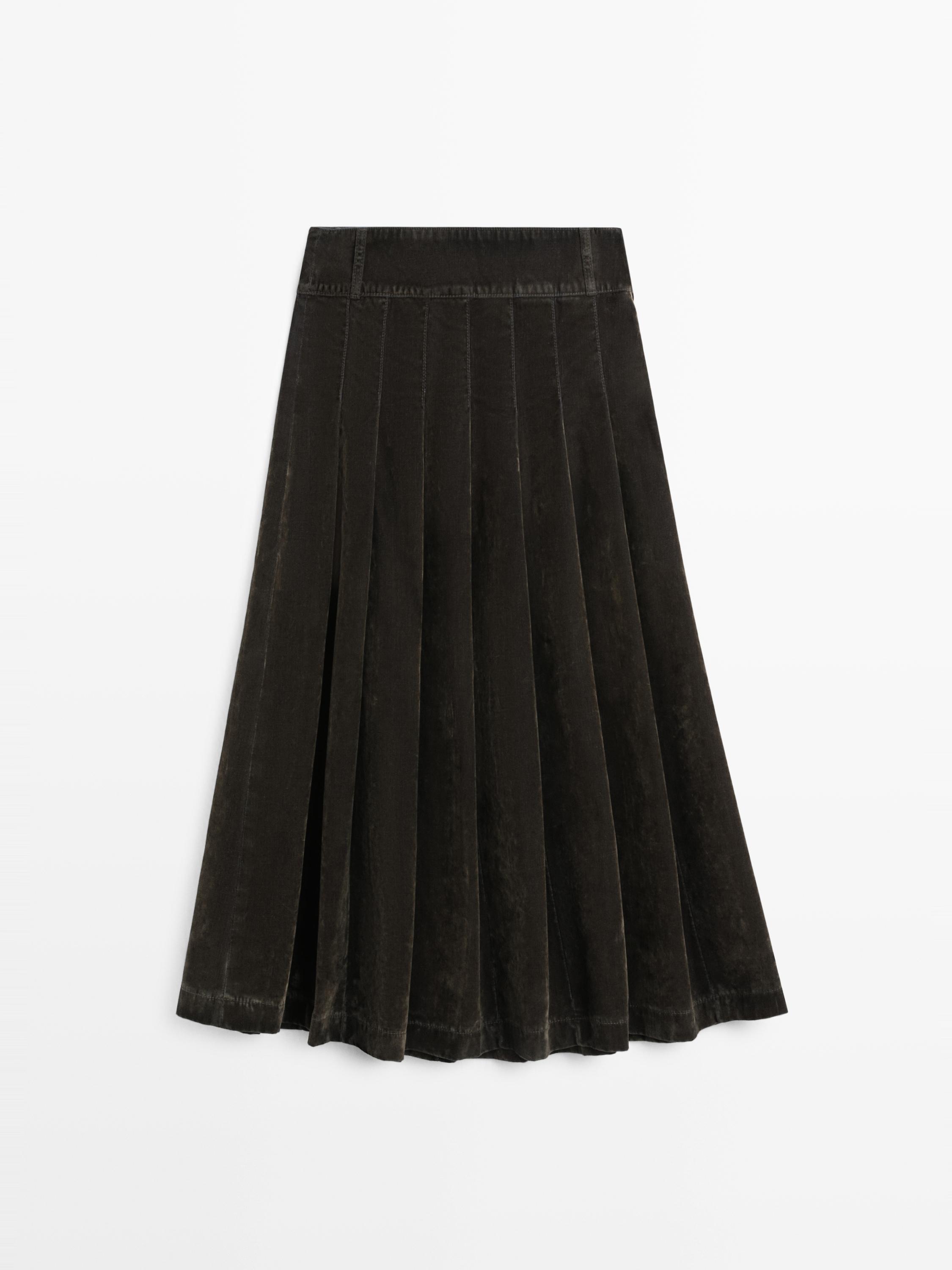 Flocked denim midi skirt with box pleats