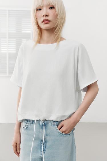 Zara 棉質綁帶 T 恤 - 白色
