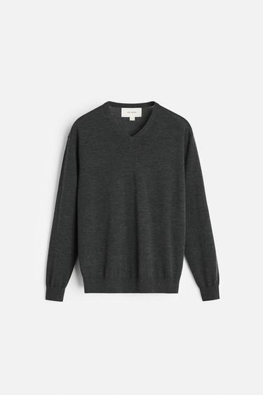 Zara LIGHTWEIGHT WOOL AND CASHMERE BLEND V-NECK SWEATER - Gray marl