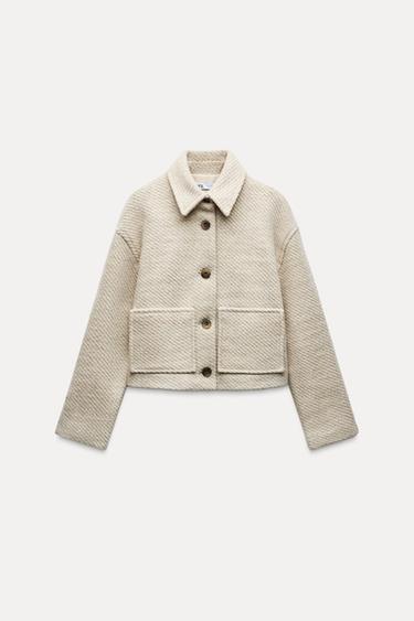KABÁT CROPPED Z VLNĚNÉ SMĚSI - Světle písková od Zara