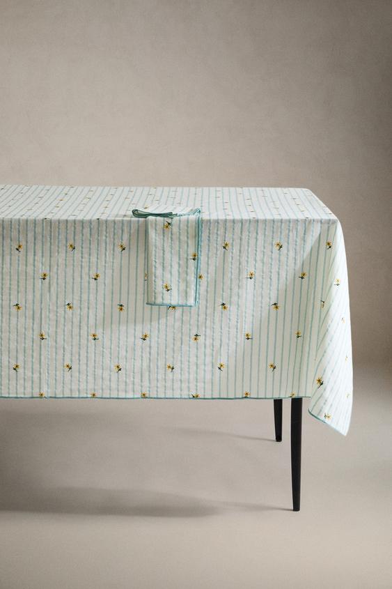 Zara STRIPED TABLECLOTH WITH FLORAL EMBROIDERY - Blue - Image 0