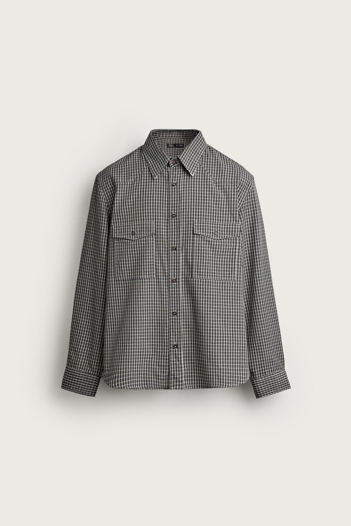 Мужская рубашка Zara Relaxed Fit Plaid, цвет: Тёмно-синий / Белый — фото 6