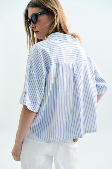 CROPPED LINEN BLEND SHIRT - White / Sky blue by Zara