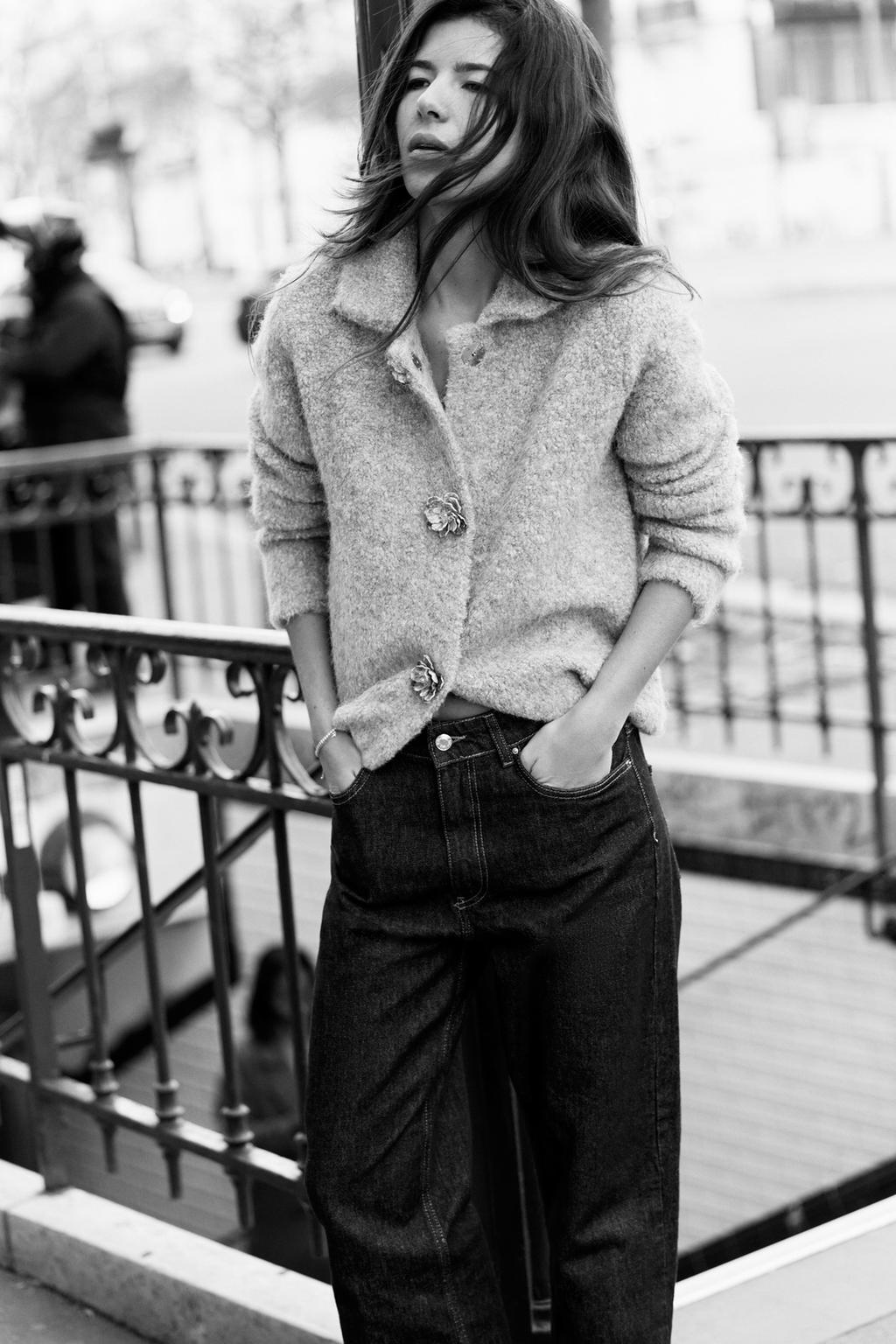 Thumbnail image for FAUX FUR KNIT JACKET WITH FLOWER BUTTONS