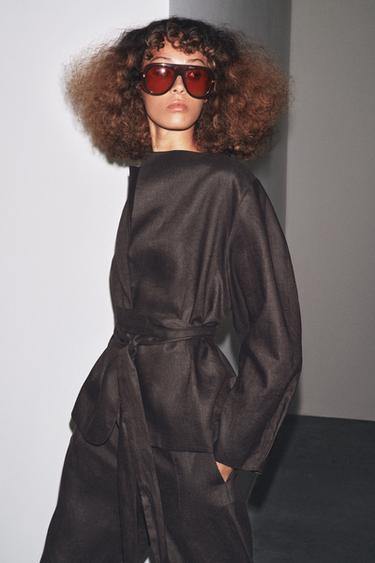 Zara ZW COLLECTION LINEN BELTED KIMONO - Brown