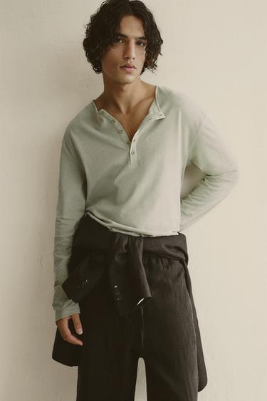 COTTON - LINEN HENLEY NECK T-SHIRT LIMITED EDITION - Dark beige by Zara