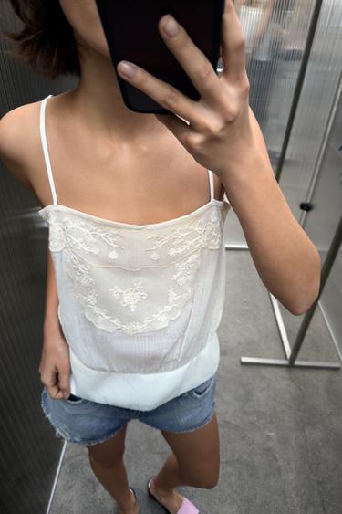 Zara EMBROIDERED GAUZE CAMISOLE - Oyster-white