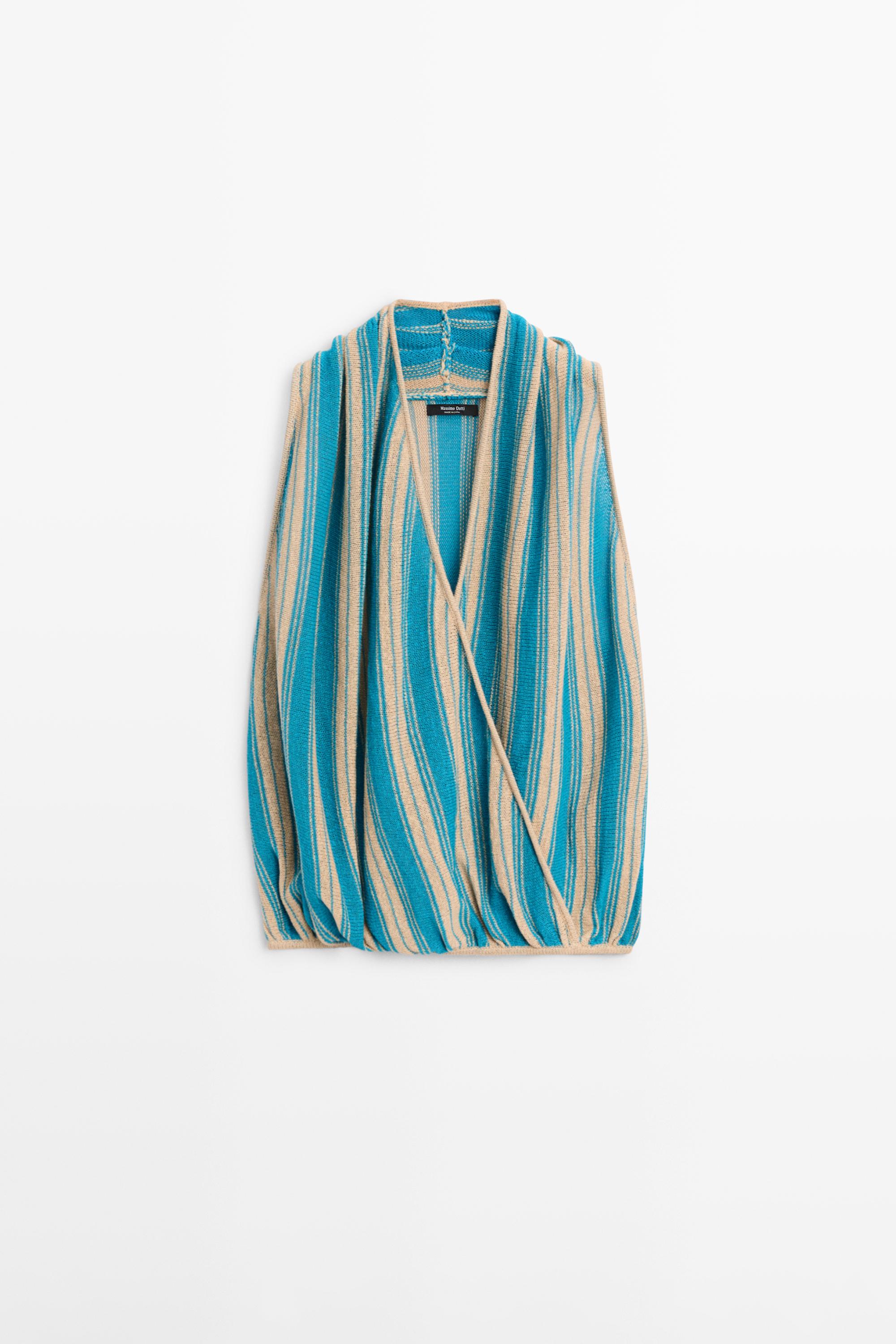 Striped linen blend surplice top — Turquoise