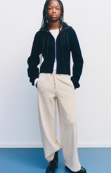 WIDE-LEG CORDUROY PANTS — Ecru 1