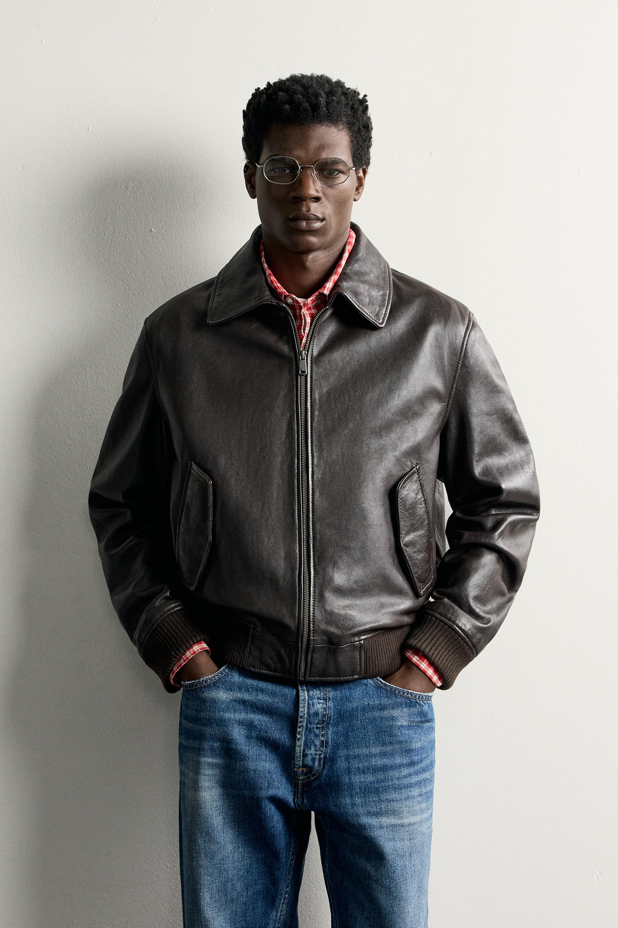 REGULAR FIT LEATHER JACKET — Brown