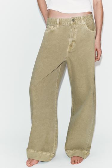 TRF MID-WAIST BAGGY FOLDED JEANS - Olive Green by Zara - Image 1