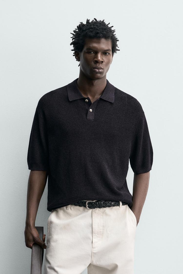 ZARA FLUID TEXTURED KNIT POLO SHIRT