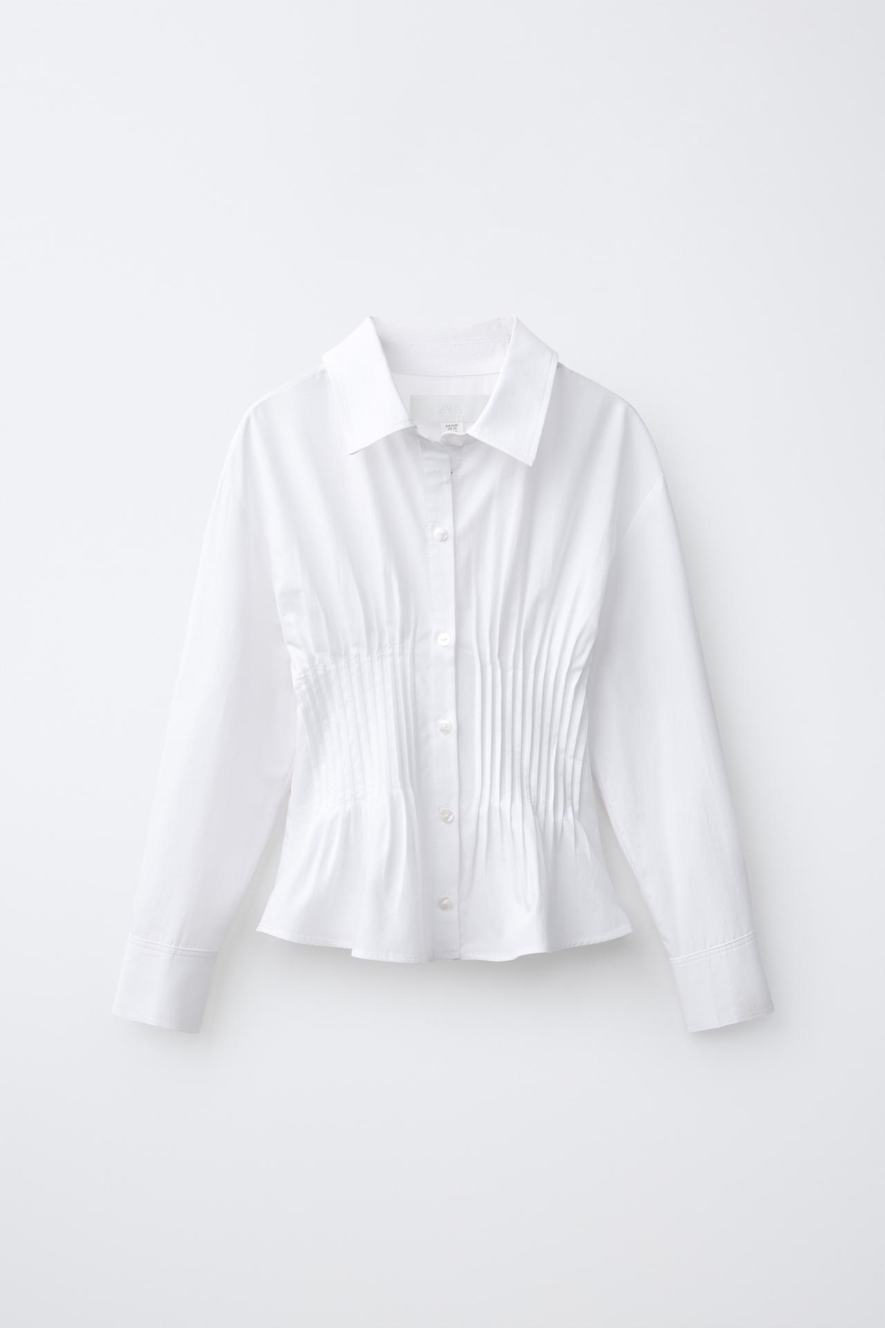STRIPED PRINT GATHERED-WAIST SHIRT — White