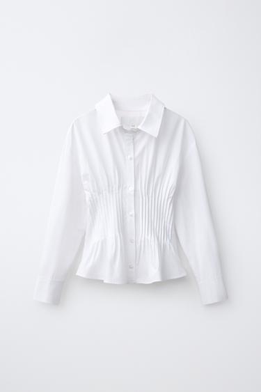STRIPED PRINT GATHERED-WAIST SHIRT — White 1
