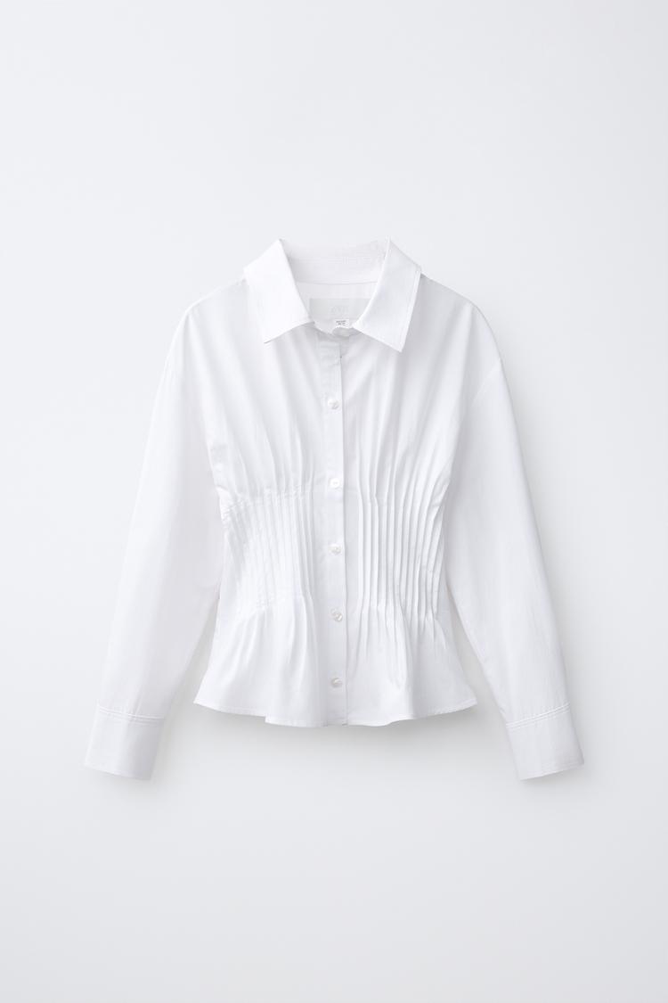 STRIPED PRINT GATHERED-WAIST SHIRT — White