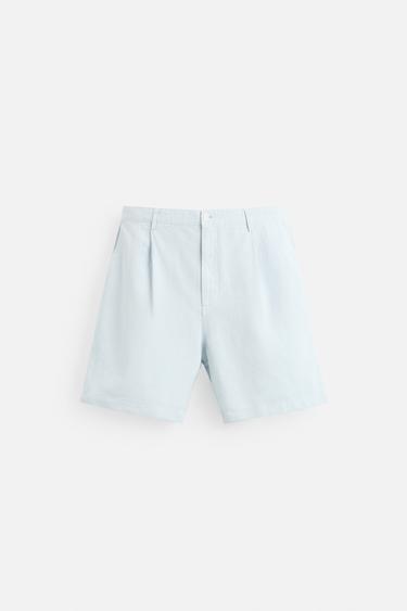 Zara WASHED PLEATED SHORTS - Sky blue