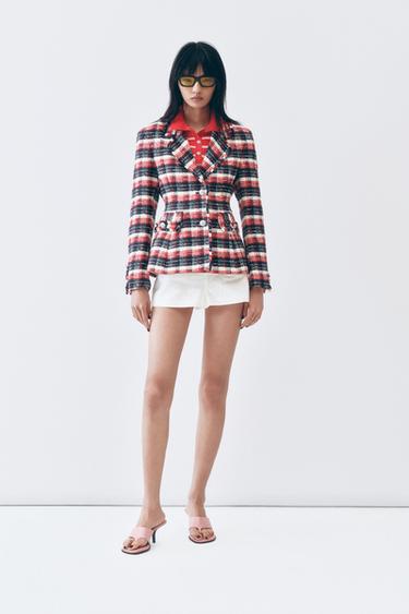 Zara ZW COLLECTION 格紋荷葉邊西裝外套 - 紅色