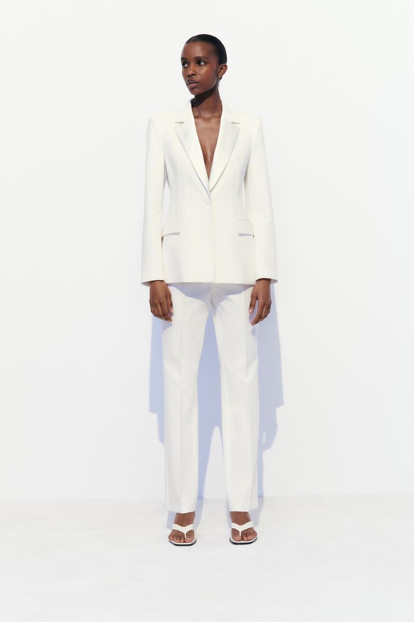White Double Breasted V Neck Blazer And Pants Set For Women