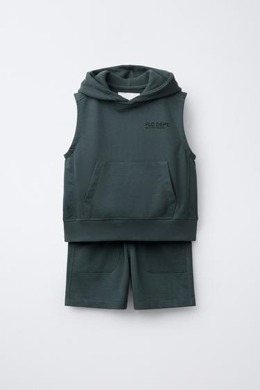 HOODED WAFFLE WAISTCOAT AND BERMUDA SHORTS SET WITH SLOGAN PRINT - Dark anthracite by Zara