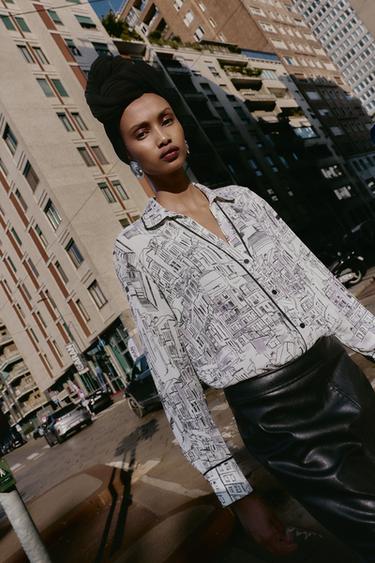 PRINTED BLOUSE WITH PIPING - Ecru / Black by Zara