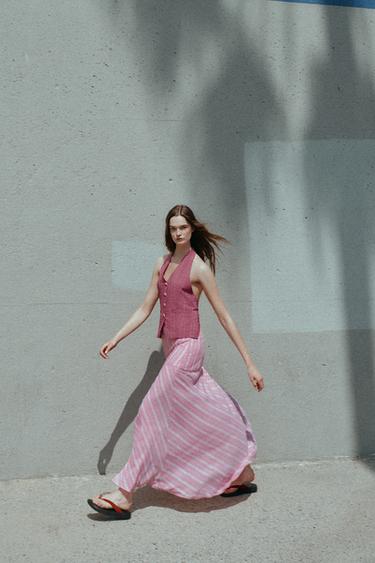 JUPE MI-LONGUE EN LIN À RAYURES - Rose / Blanc de Zara - Image 5