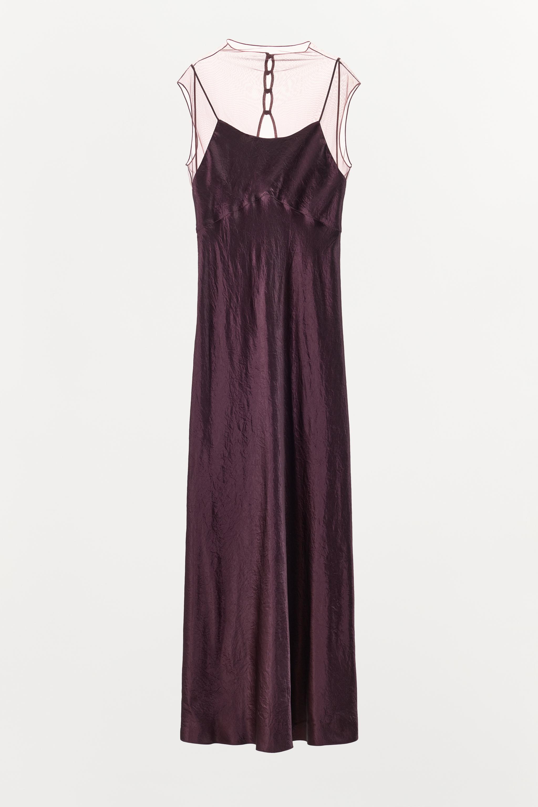 LONG SATIN EFFECT MESH DRESS