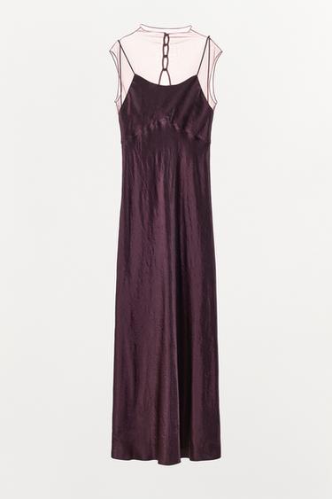 VESTIDO LARGO SATINADO MESH - Granate de Zara