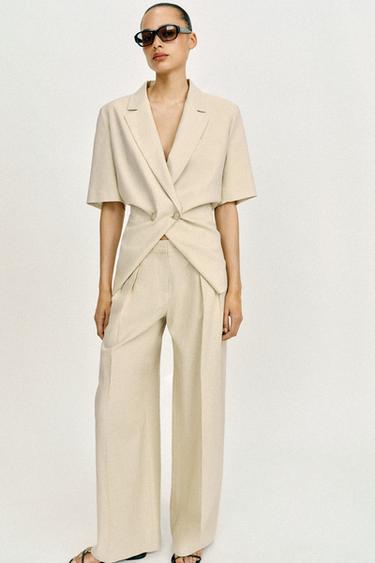 LINEN BLEND WIDE-LEG TROUSERS - Light beige by Zara - Image 2