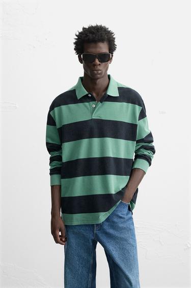 STRIPED WASHED POLO SHIRT - Green / Blue by Zara