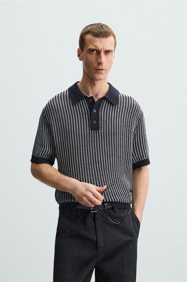 Zara CONTRAST RIBBED KNIT POLO SHIRT - Navy blue
