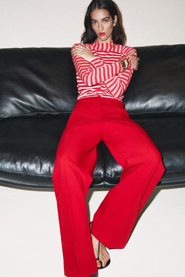 PANTALON DROIT TAILLE HAUTE - Rouge de Zara - Image 3