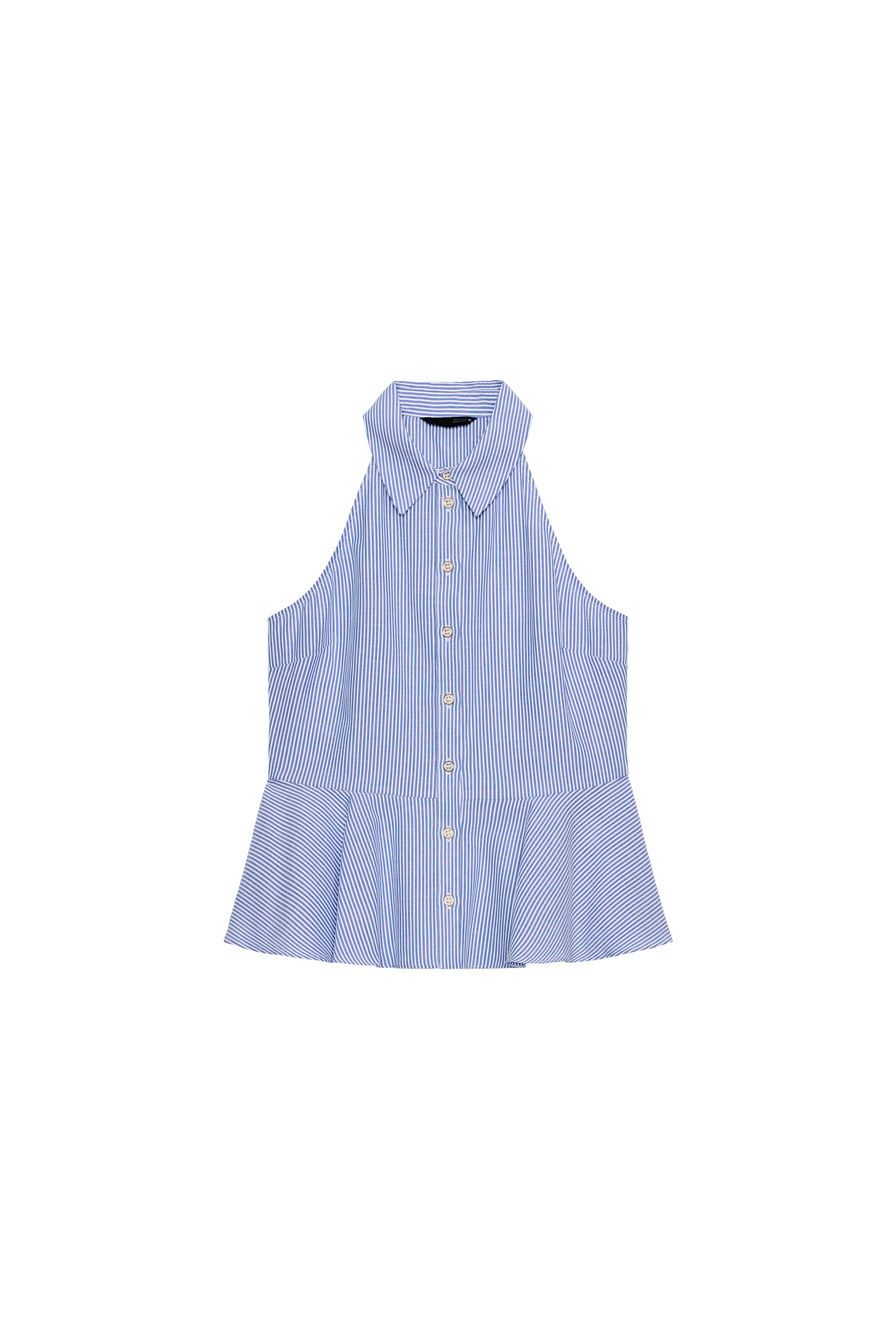 STRIPED PEPLUM HALTER SHIRT - Ecru / Blue | ZARA United States