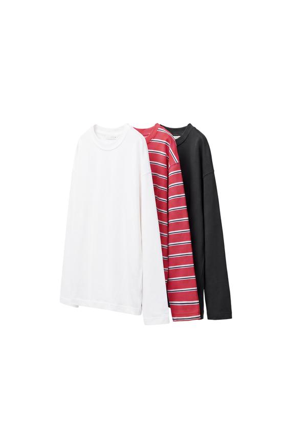 Zara SOLID AND STRIPED THREE-PACK T-SHIRTS - White / Red - Image 0