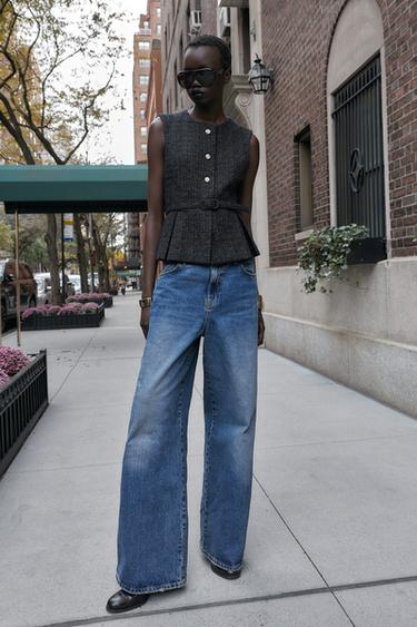 STRUCTURED WAISTCOAT WITH METALLIC THREAD BELT - Blue green by Zara