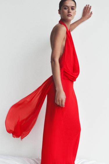 100% VISCOSE HALTER NECK FLOWING DRESS - Red by Zara - Image 1