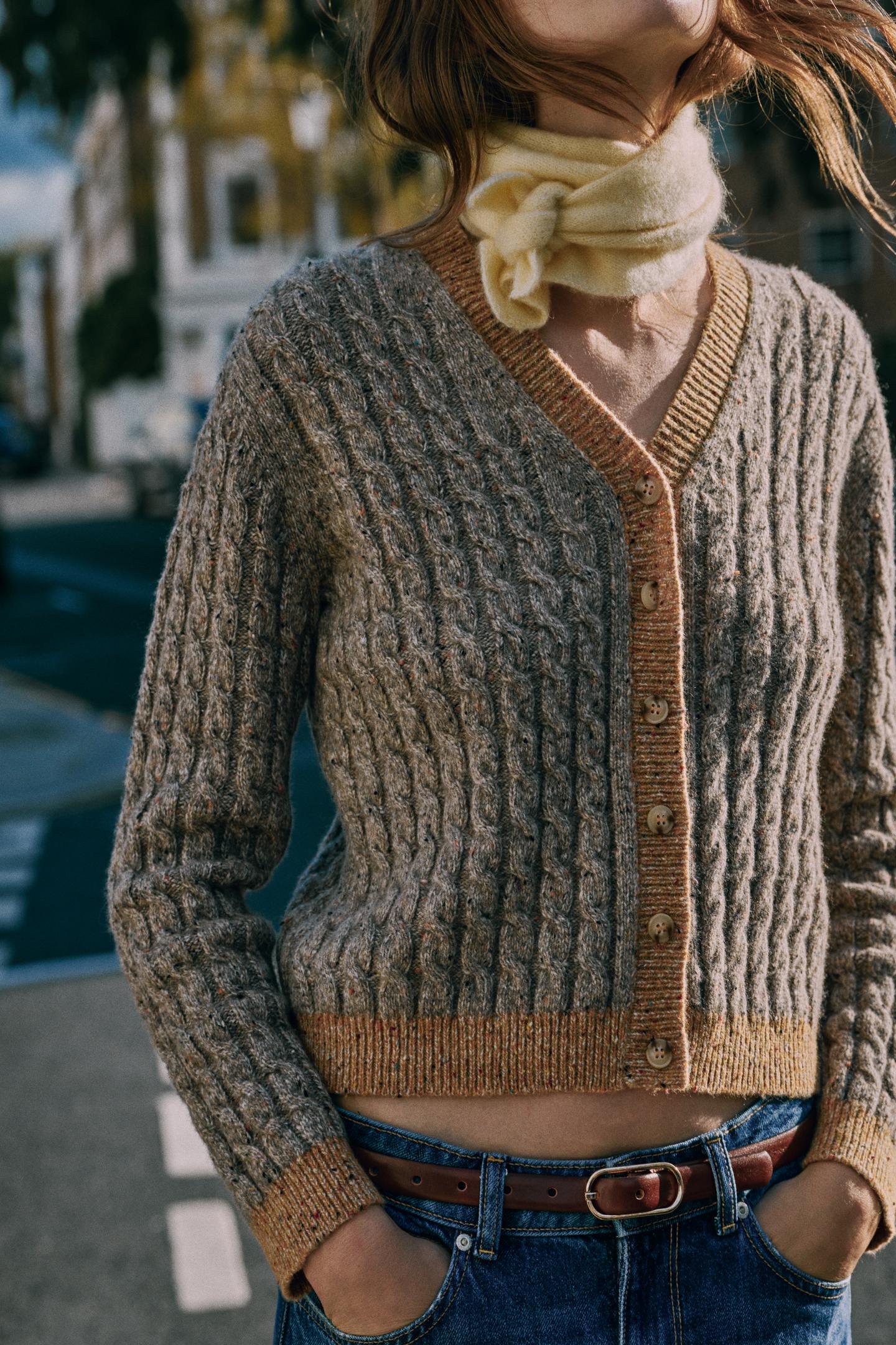 Женский кардиган Zara Wool Cable-Knit, цвет: Коричневый / Серо-коричневый — фото 6