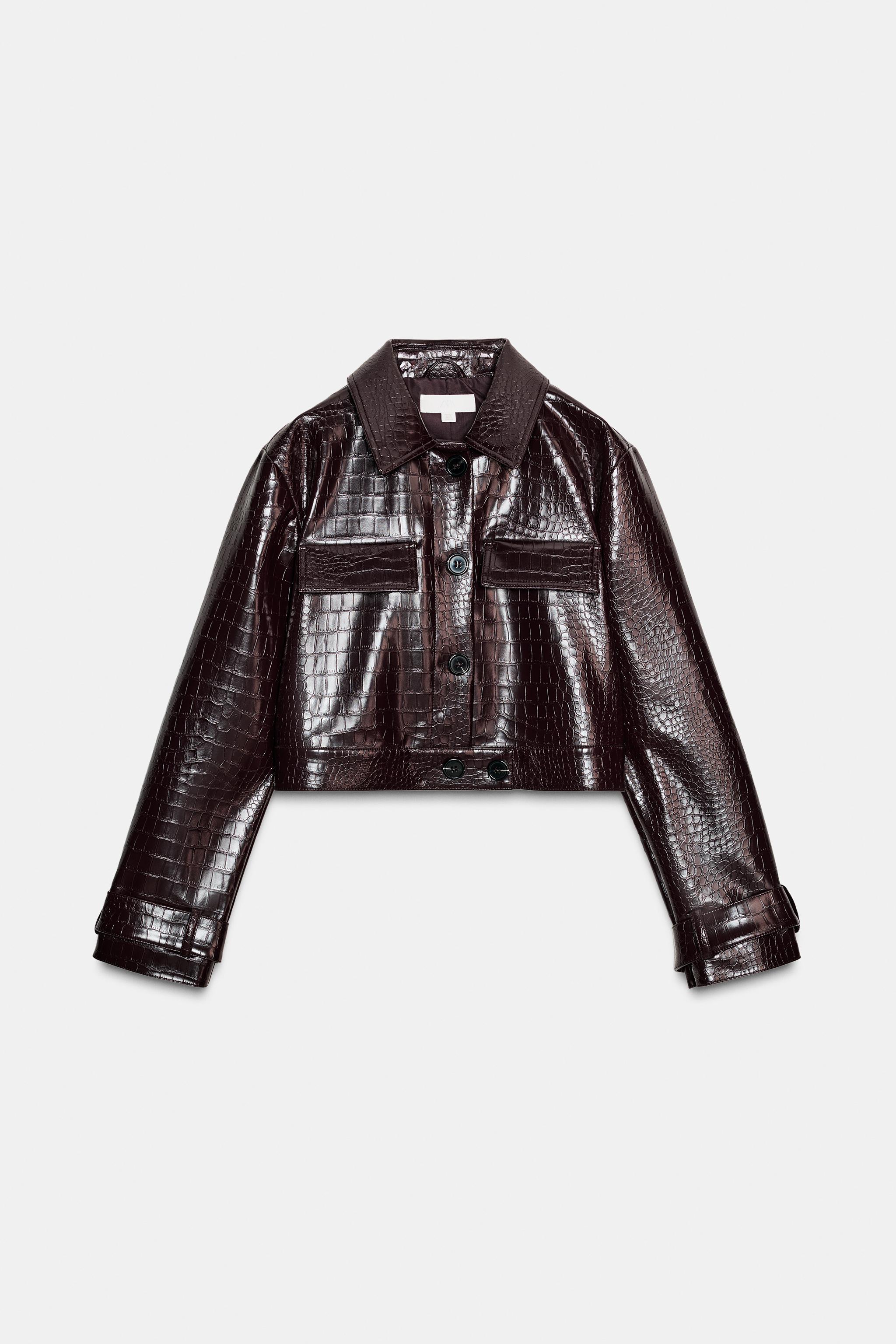 CROPPED FAUX LEATHER ANIMAL EMBOSSED JACKET - Brown | ZARA