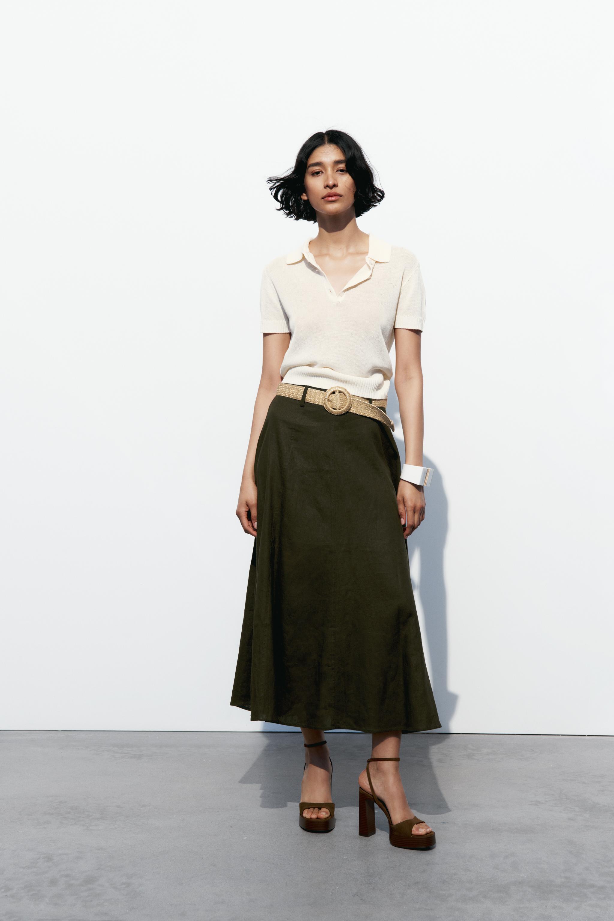 BELTED LINEN BLEND CAPE MIDI SKIRT