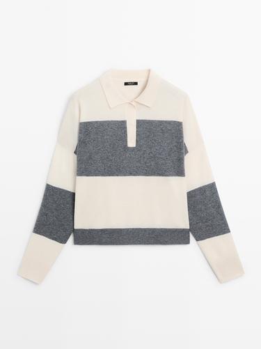 Zara Striped knit sweater with polo collar - Ecru