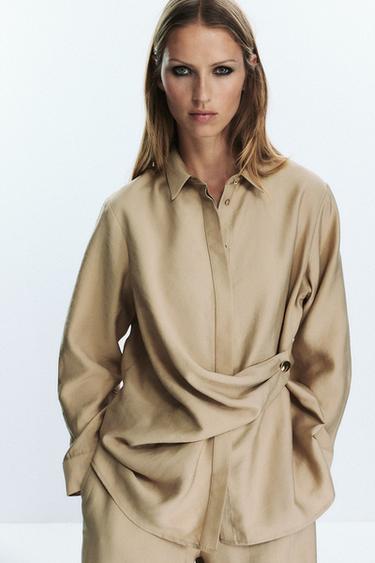Zara GOLD BUTTON WRAP SHIRT - Sand